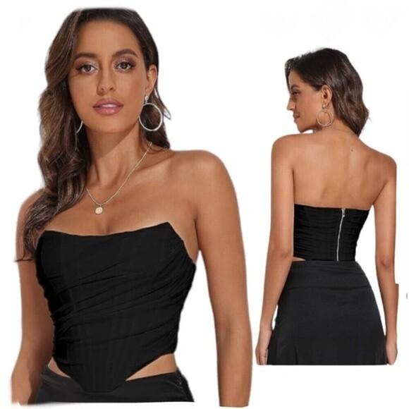 Women's Vintage Strapless Open Back Boned Mesh Bustier Zip Back Corset crop Top - Picture 1 of 8
